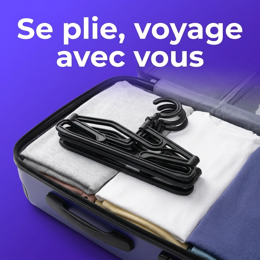 Cintres pliables PlyoFold repliés à plat, empilés sur des vêtements dans une valise ouverte