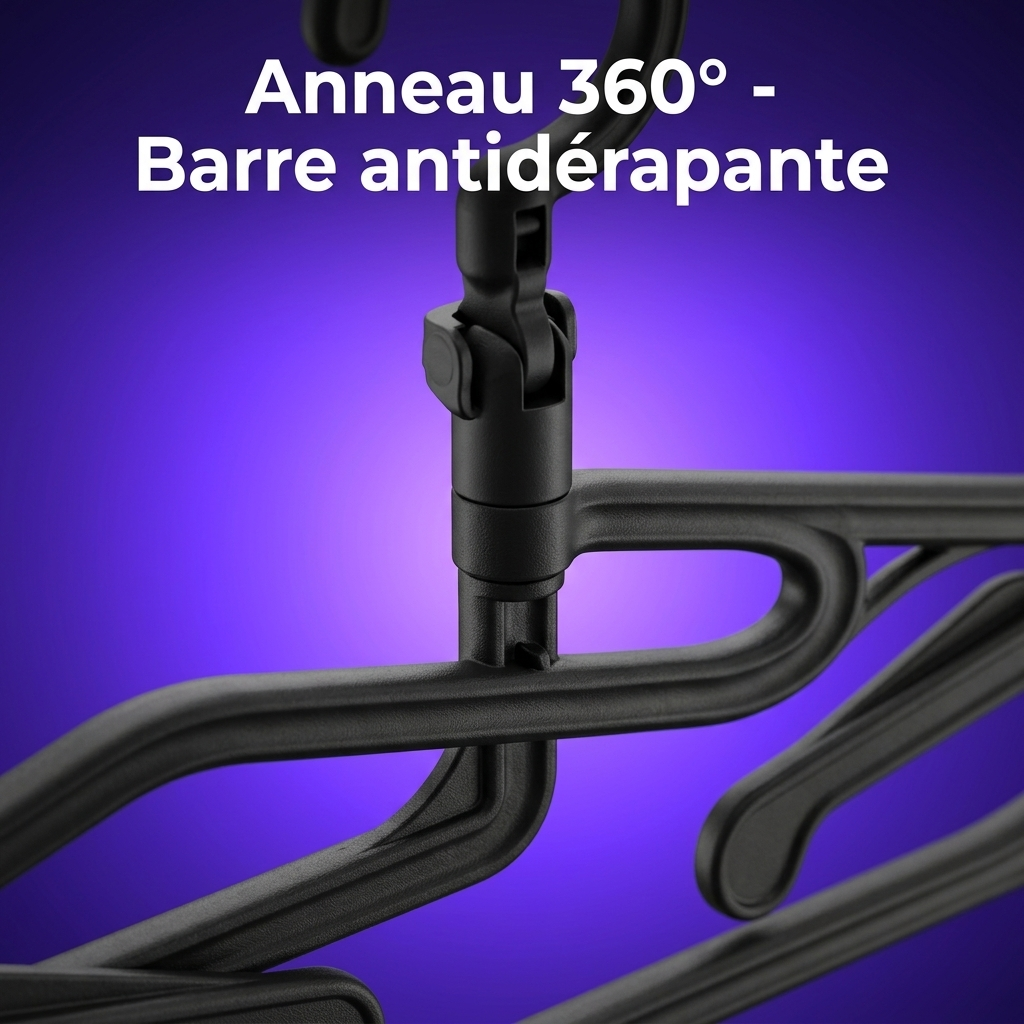 Gros plan sur l'anneau rotatif à 360 degrés et la barre inférieure antidérapante d'un cintre PlyoFold